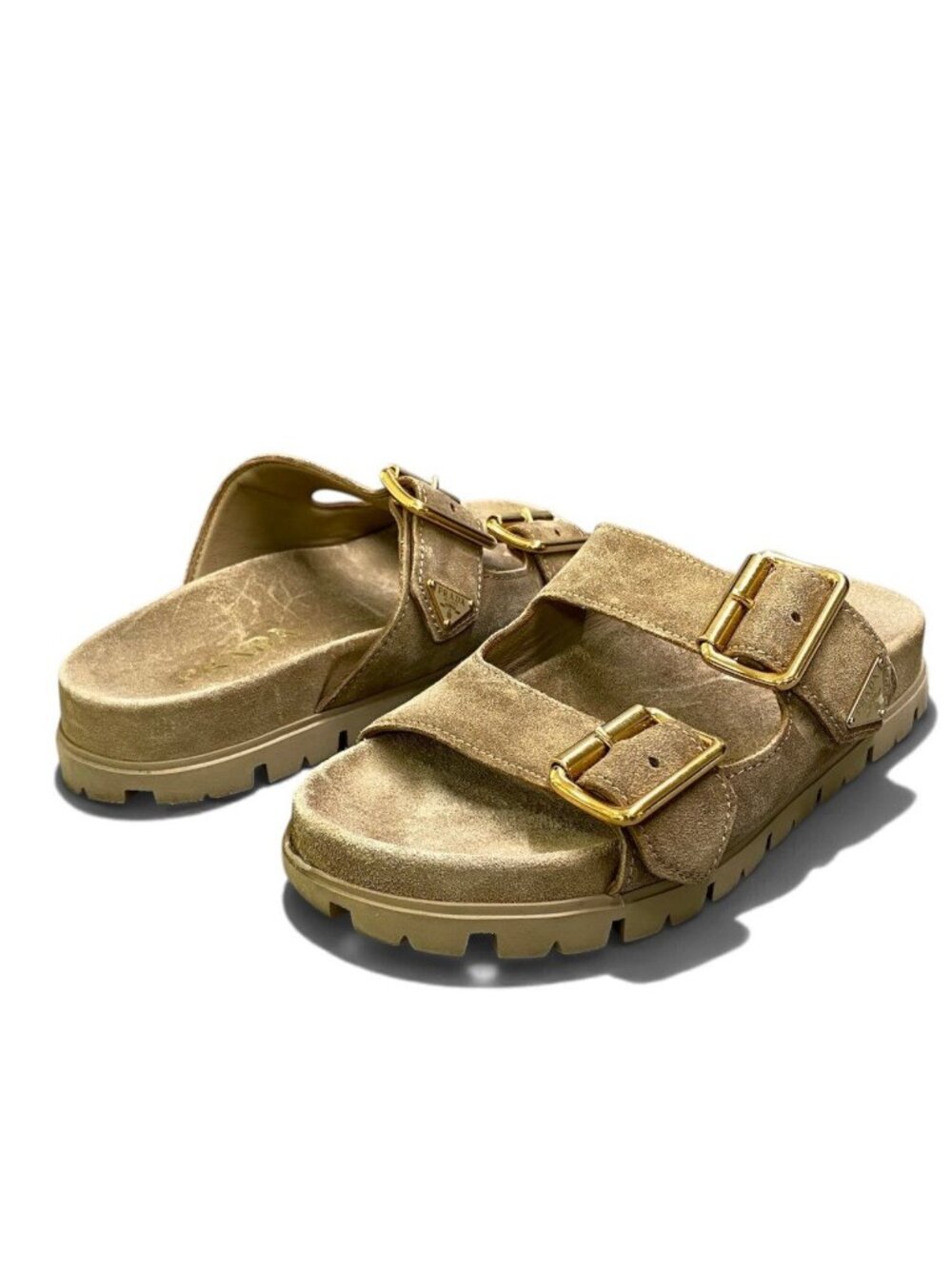 Prada I2 Slide Sandals Beige Gold Suede Leather